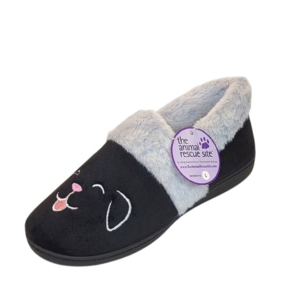 Women's Black Light Gray Faux Fur Happy Pet Embroidered Dog-Themed Slippers